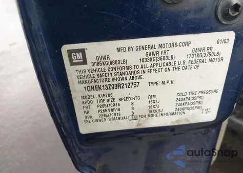 2003 Chevrolet Tahoe Ls from USA, damaged, VIN 1GNEK13Z93R212757